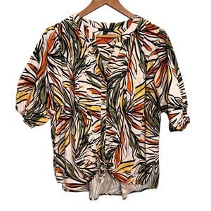 Zac & Rachel Linen Blend Tropical Print Button Front Blouse Large Boxy Casual